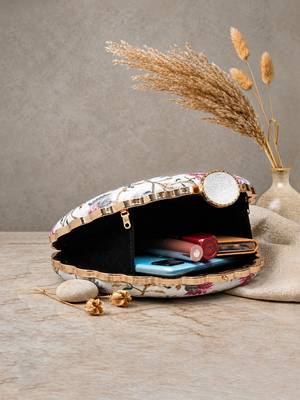  white based pink and grey threadwork embroidery clutch 4