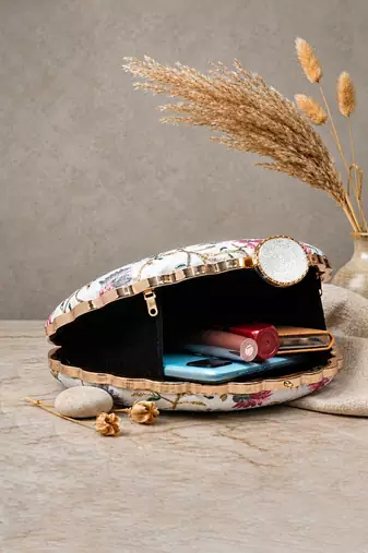  white based pink and grey threadwork embroidery clutch