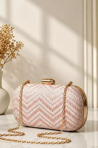  soft peach chevron pattern festive embroidery clutch