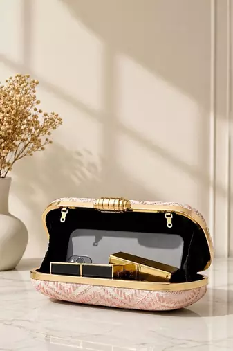  soft peach chevron pattern festive embroidery clutch