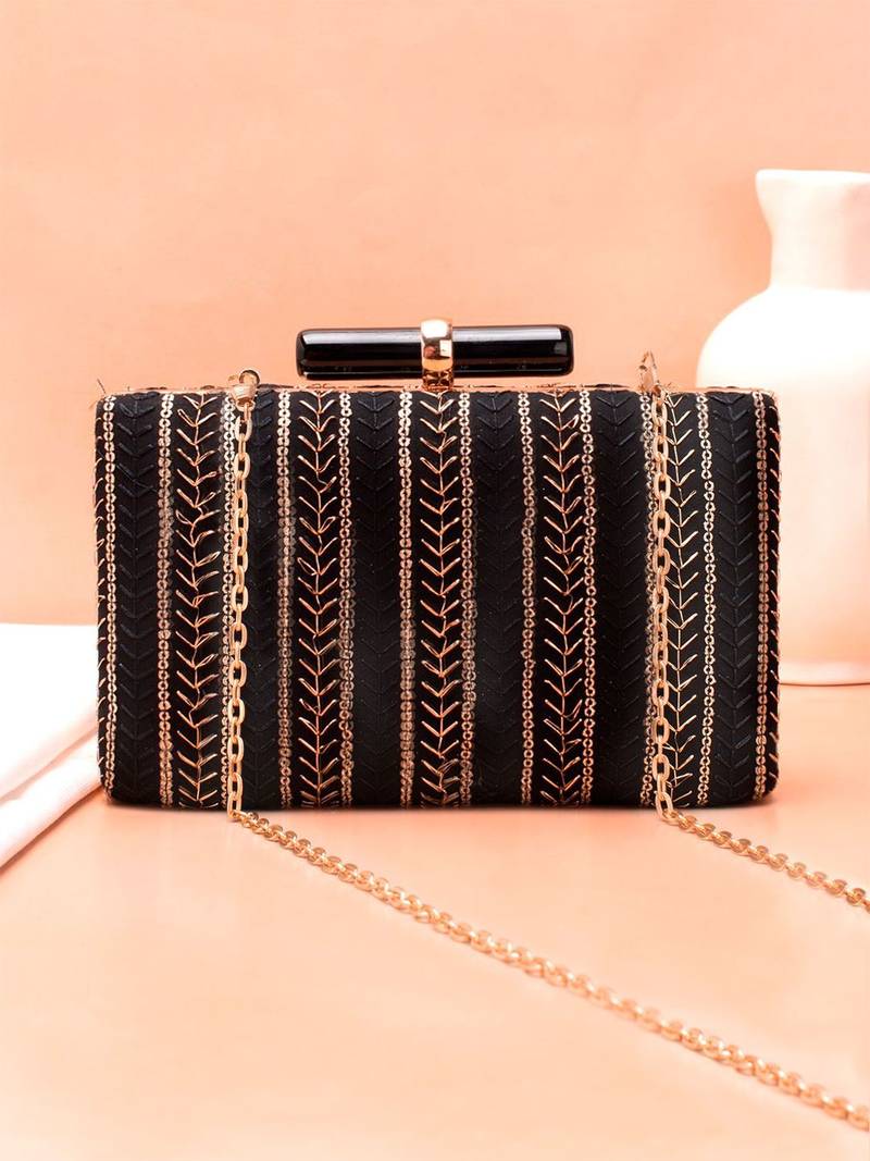  black based threadwork embroidery clutch
