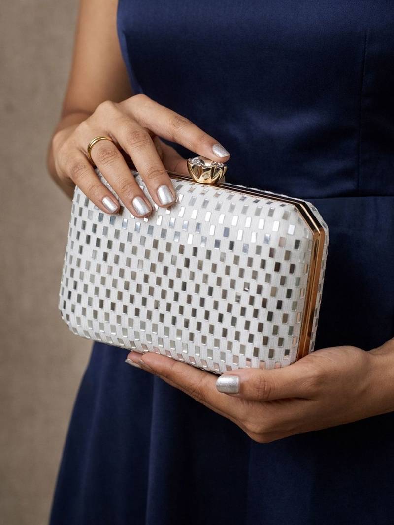  elegant ivory sequin box clutch bag for women