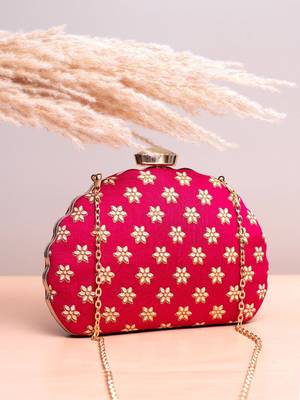  red based golden floral embroidery clutch bag for women with detachble strap 1