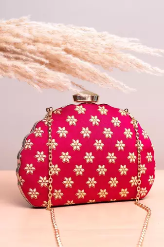  red based golden floral embroidery clutch bag for women with detachble strap