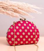  red based golden floral embroidery clutch bag for women with detachble strap