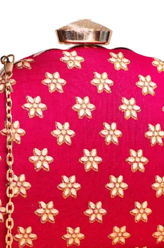  red based golden floral embroidery clutch bag for women with detachble strap