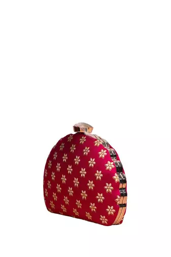 red based golden floral embroidery clutch bag for women with detachble strap