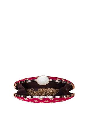  red based golden floral embroidery clutch bag for women with detachble strap 4