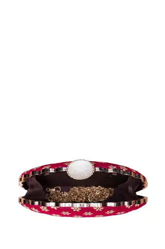  red based golden floral embroidery clutch bag for women with detachble strap