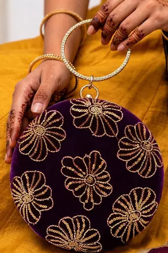   regal plum velvet floral embroidery clutch