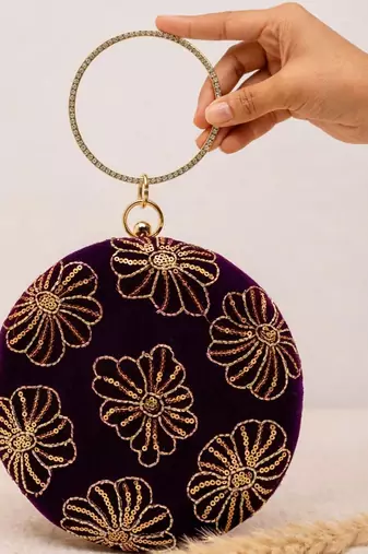   regal plum velvet floral embroidery clutch