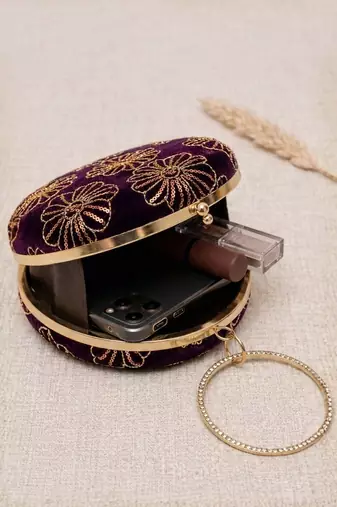   regal plum velvet floral embroidery clutch