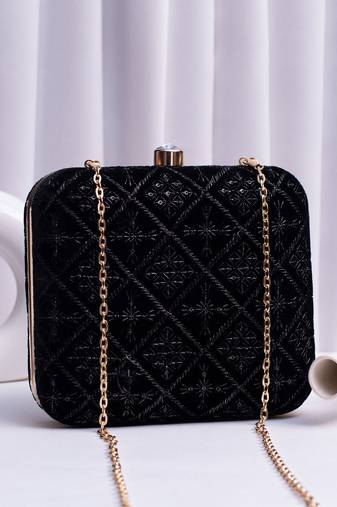   black based thread work embroidery clutch bag for wonen with detachable strap