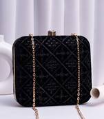   black based thread work embroidery clutch bag for wonen with detachable strap
