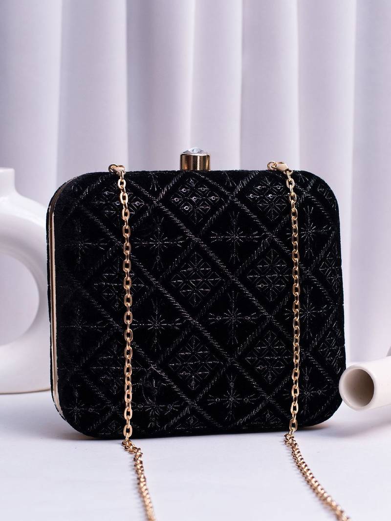   black based thread work embroidery clutch bag for wonen with detachable strap
