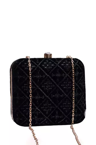   black based thread work embroidery clutch bag for wonen with detachable strap