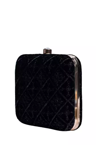   black based thread work embroidery clutch bag for wonen with detachable strap