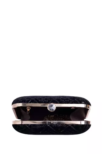   black based thread work embroidery clutch bag for wonen with detachable strap