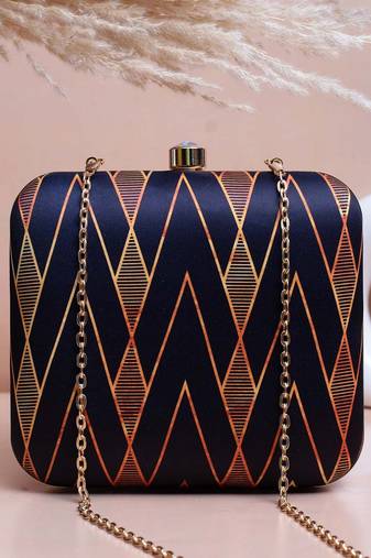   printed black golden geometric clutch bag for women with detachable strap