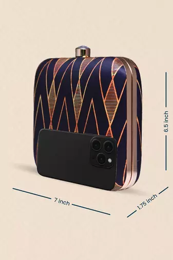   printed black golden geometric clutch bag for women with detachable strap