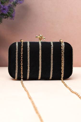   midnight black gold-striped embroidered clutch bag for women with detachble strap