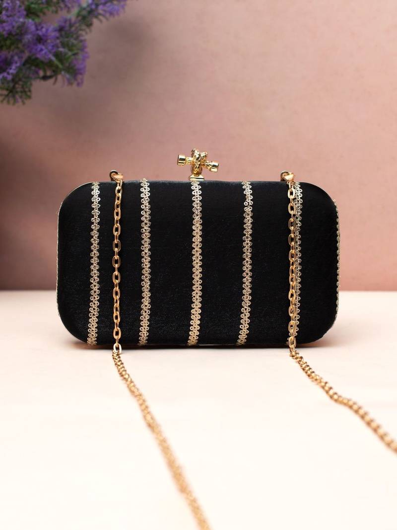   midnight black gold-striped embroidered clutch bag for women with detachble strap