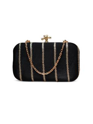   midnight black gold-striped embroidered clutch bag for women with detachble strap 2