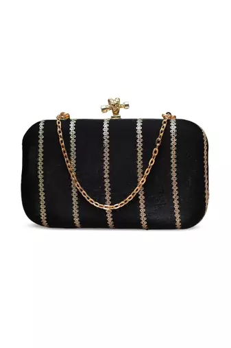   midnight black gold-striped embroidered clutch bag for women with detachble strap