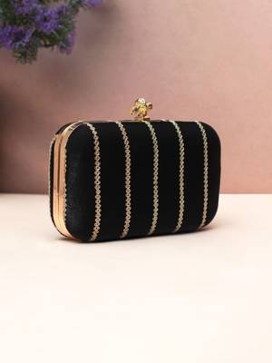  midnight black gold-striped embroidered clutch bag for women with detachble strap 3