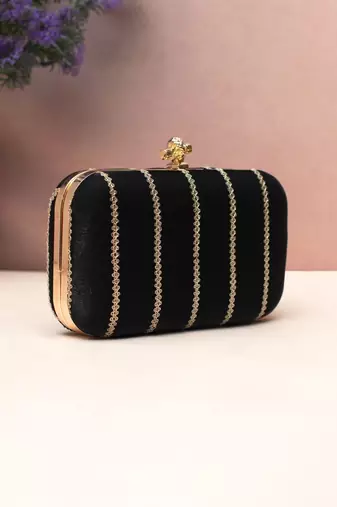   midnight black gold-striped embroidered clutch bag for women with detachble strap