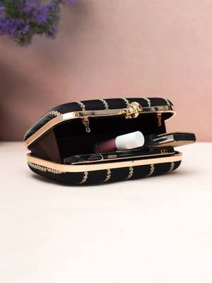   midnight black gold-striped embroidered clutch bag for women with detachble strap 4
