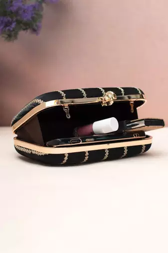   midnight black gold-striped embroidered clutch bag for women with detachble strap