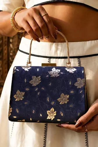  black based silver floral printed brocade fabric clutch bag for women with detachble strap