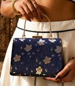   black based silver floral printed brocade fabric clutch bag for women with detachble strap