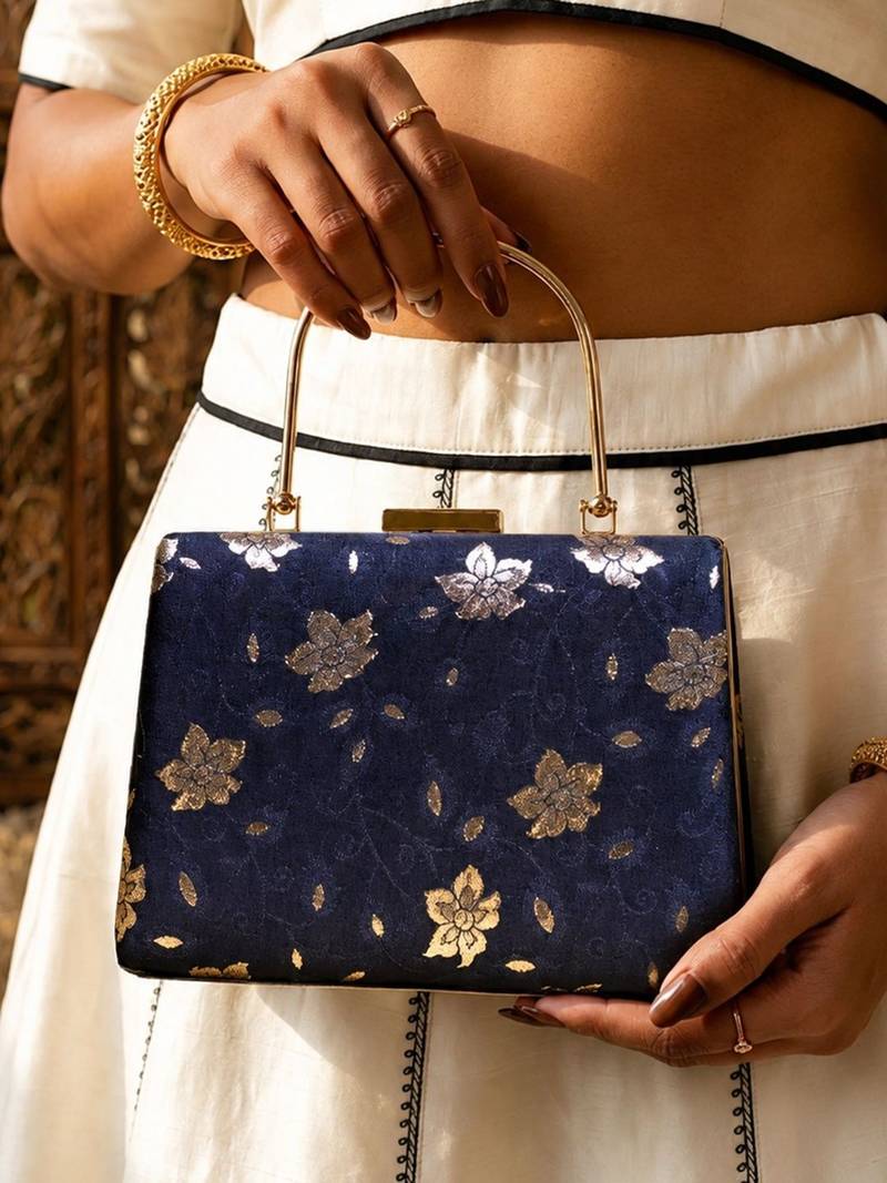   black based silver floral printed brocade fabric clutch bag for women with detachble strap