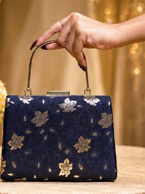   black based silver floral printed brocade fabric clutch bag for women with detachble strap 2
