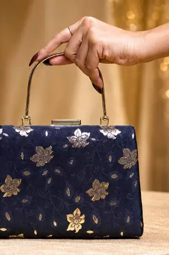   black based silver floral printed brocade fabric clutch bag for women with detachble strap