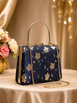   black based silver floral printed brocade fabric clutch bag for women with detachble strap 3