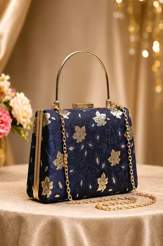   black based silver floral printed brocade fabric clutch bag for women with detachble strap
