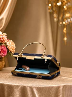   black based silver floral printed brocade fabric clutch bag for women with detachble strap 4