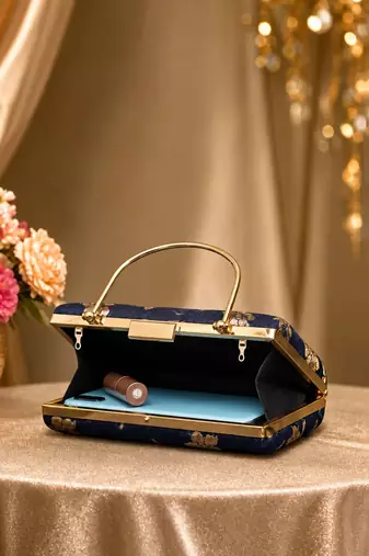   black based silver floral printed brocade fabric clutch bag for women with detachble strap