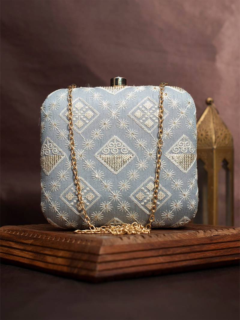   embroidered box clutch bag for women with detachble strap