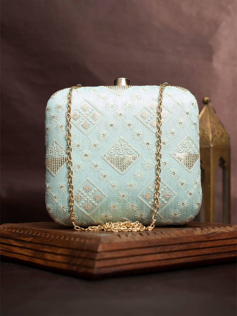   embroidered box clutch bag for women with detachble strap
