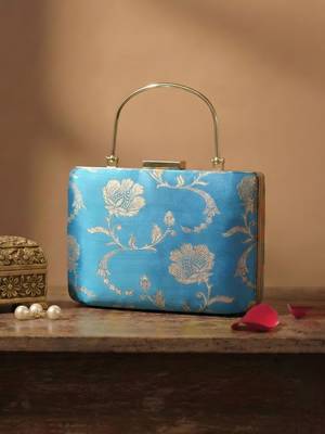   sky blue gold floral embroidered clutch bag for women with detachble strap 1