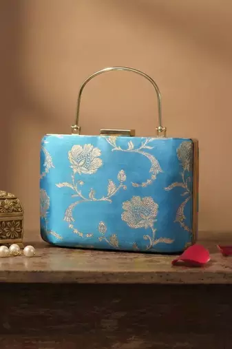   sky blue gold floral embroidered clutch bag for women with detachble strap