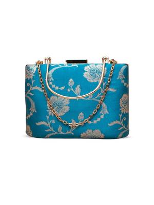   sky blue gold floral embroidered clutch bag for women with detachble strap 2