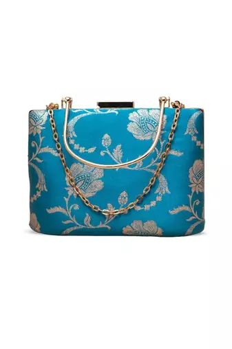   sky blue gold floral embroidered clutch bag for women with detachble strap