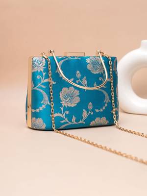   sky blue gold floral embroidered clutch bag for women with detachble strap 3