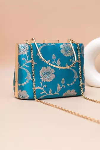   sky blue gold floral embroidered clutch bag for women with detachble strap