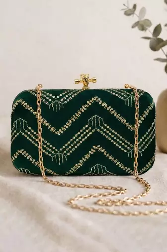   luxury emerald green velvet embroidered clutch bag for women with detachble strap